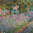 Colorful Flower Field Painting with Trees and Pathway