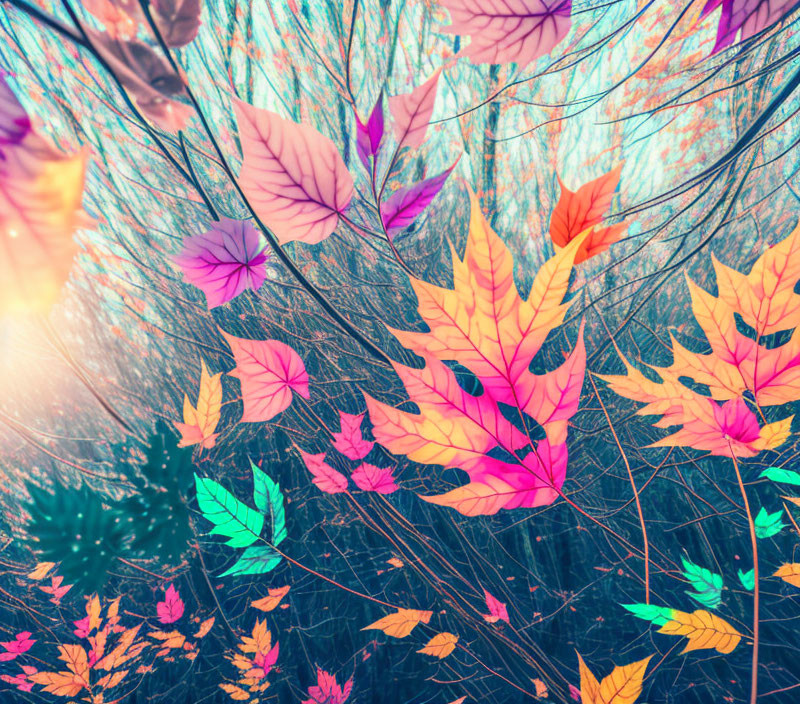 Colorful pink and orange leaves on thin branches against a blue and white sky.