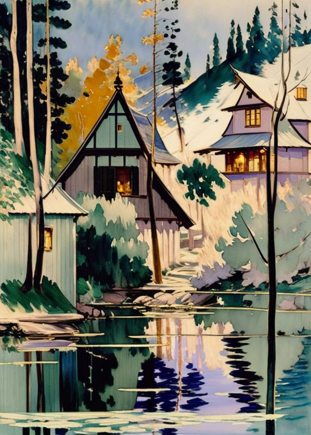 Traditional houses by reflective water with autumn trees in colorful stylized art