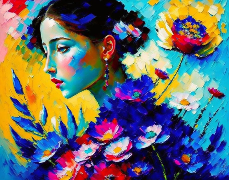 Impressionistic painting of woman with blue flowers and colorful background