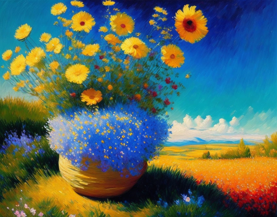 Colorful oil painting of yellow and blue flower bouquet in basket against green fields and blue sky.