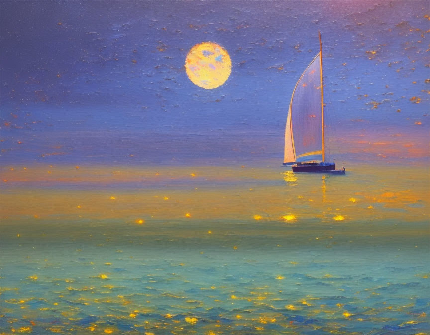 Sailboat on calm waters under starry night sky