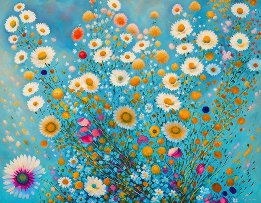 Colorful Painting: Field of Daisies on Blue Background