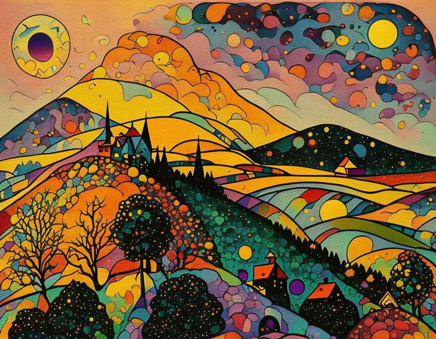 Colorful, patterned hills and celestial sky in stylized art