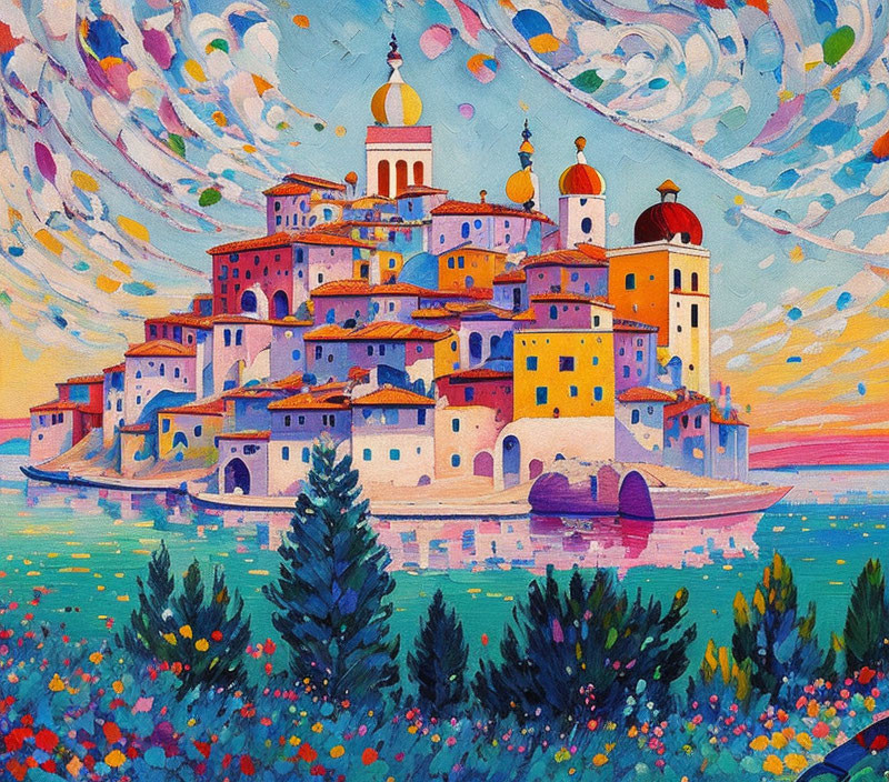 Colorful Impressionistic Painting of Mediterranean Townscape