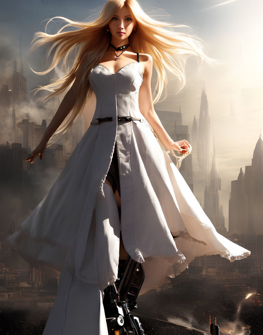 Female Android in White Dress with Blonde Hair Against Futuristic Cityscape