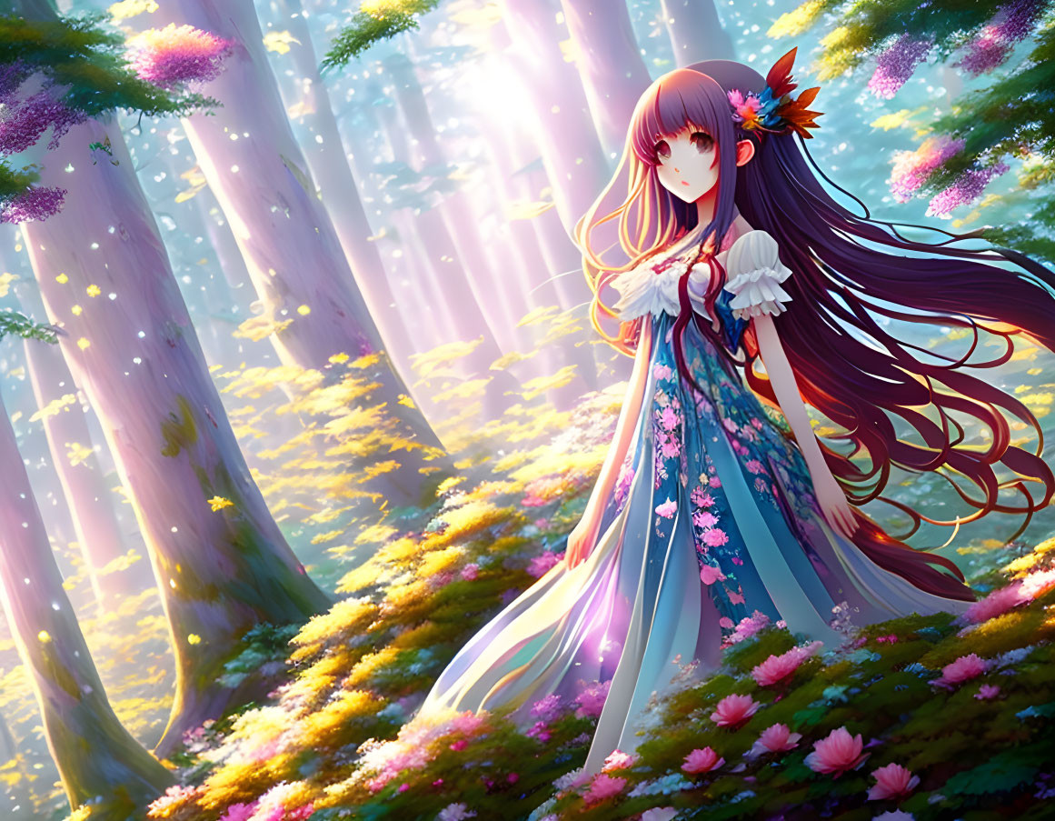 Long-haired anime girl in vibrant forest setting