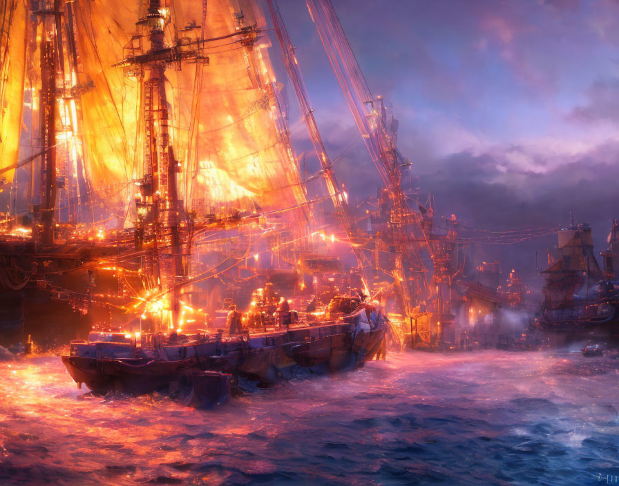 Ethereal fiery glow illuminates grand sailing ships in turbulent seas