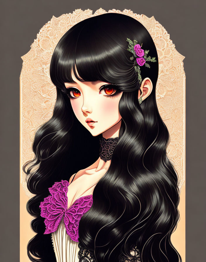 Gothic girl illustration with long black hair and red eyes