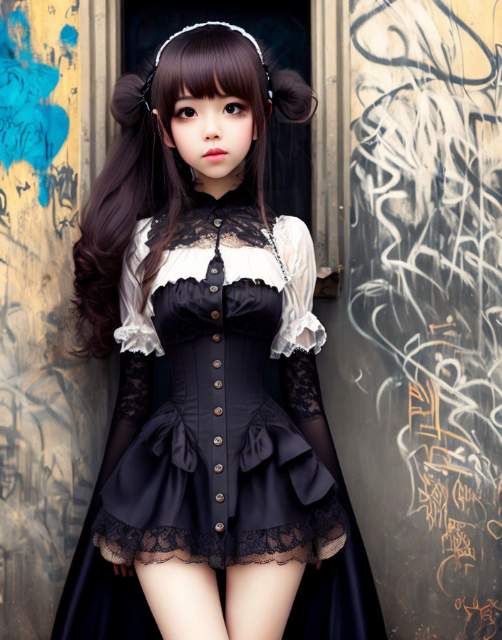 Gothic Lolita-style outfit with puffed sleeves and corset in front of graffiti-covered door