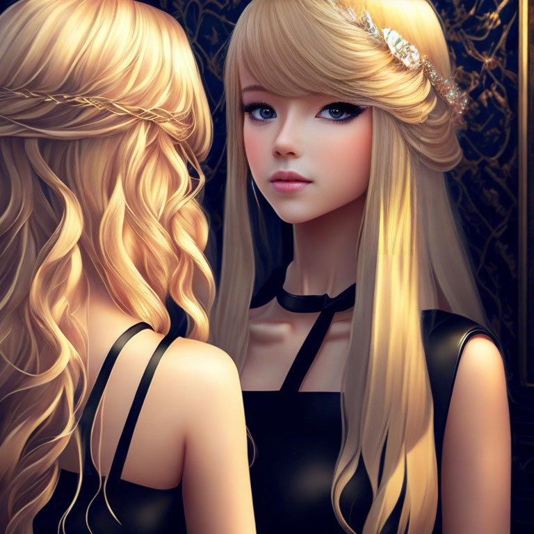 Digital artwork of young woman with long blonde hair, blue eyes, and dark dress gazing at mirror