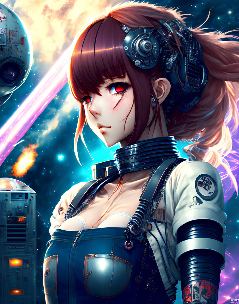 Cybernetic anime girl with advanced headgear and robotic companion in starry space.