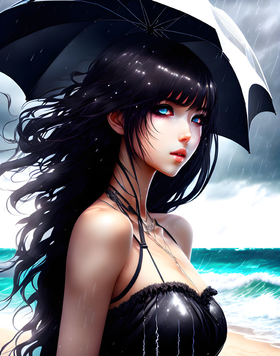 Illustrated female character with black hair and blue eyes holding umbrella at stormy beach