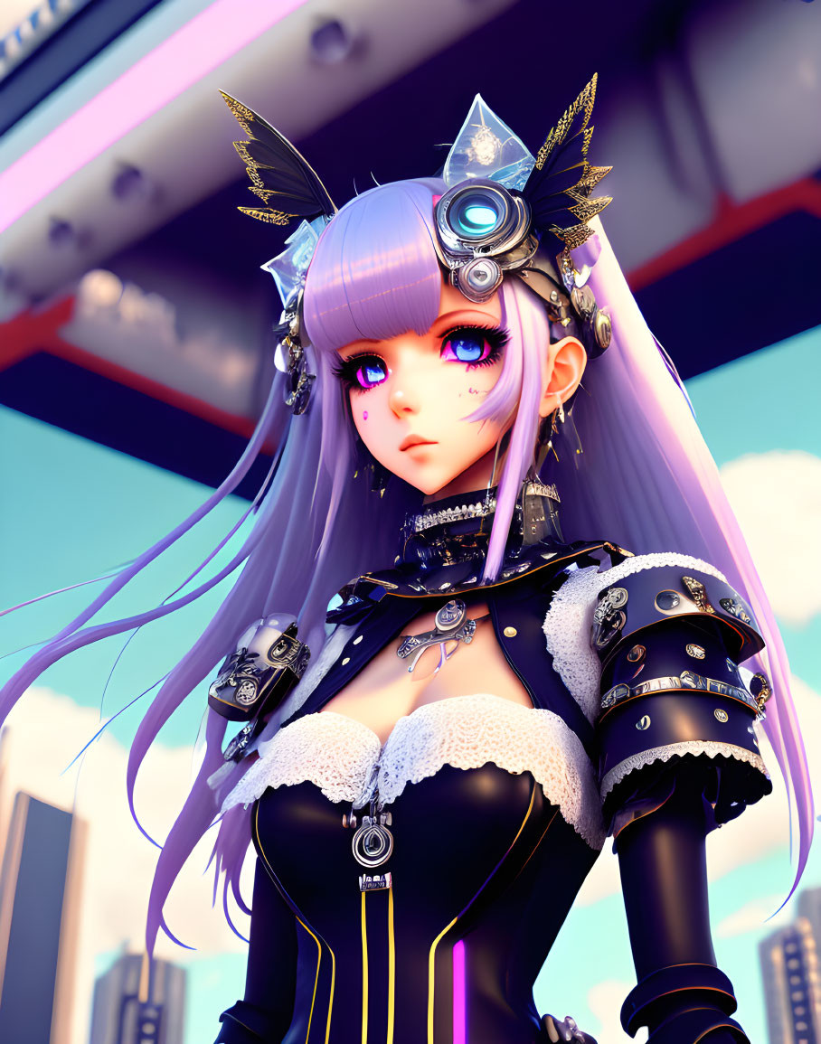 Purple-haired female anime character with cybernetic accessories and futuristic black outfit in cityscape.