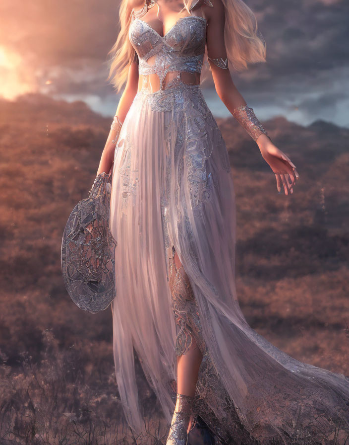 Woman in intricate gown with shield in twilight field