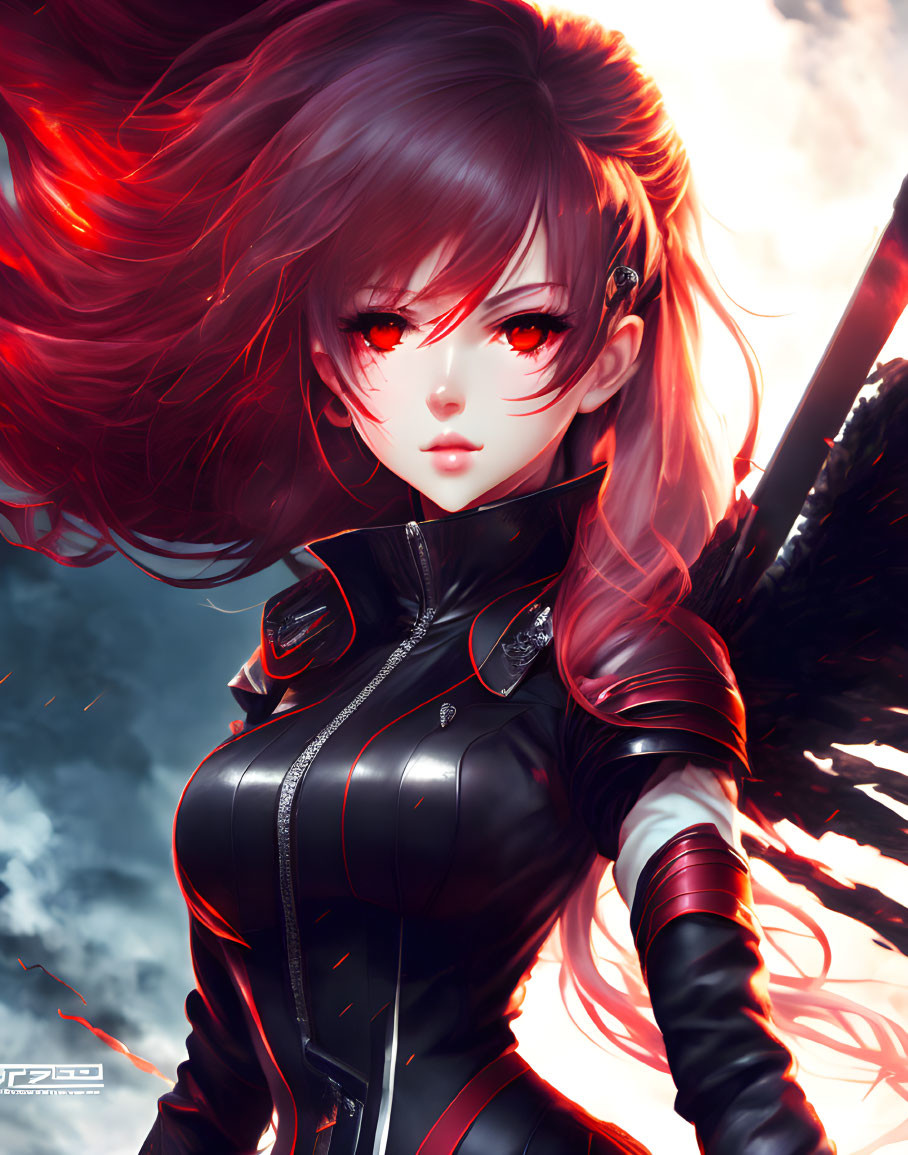 Female character with red eyes and flowing hair in black outfit and cybernetic earpiece.