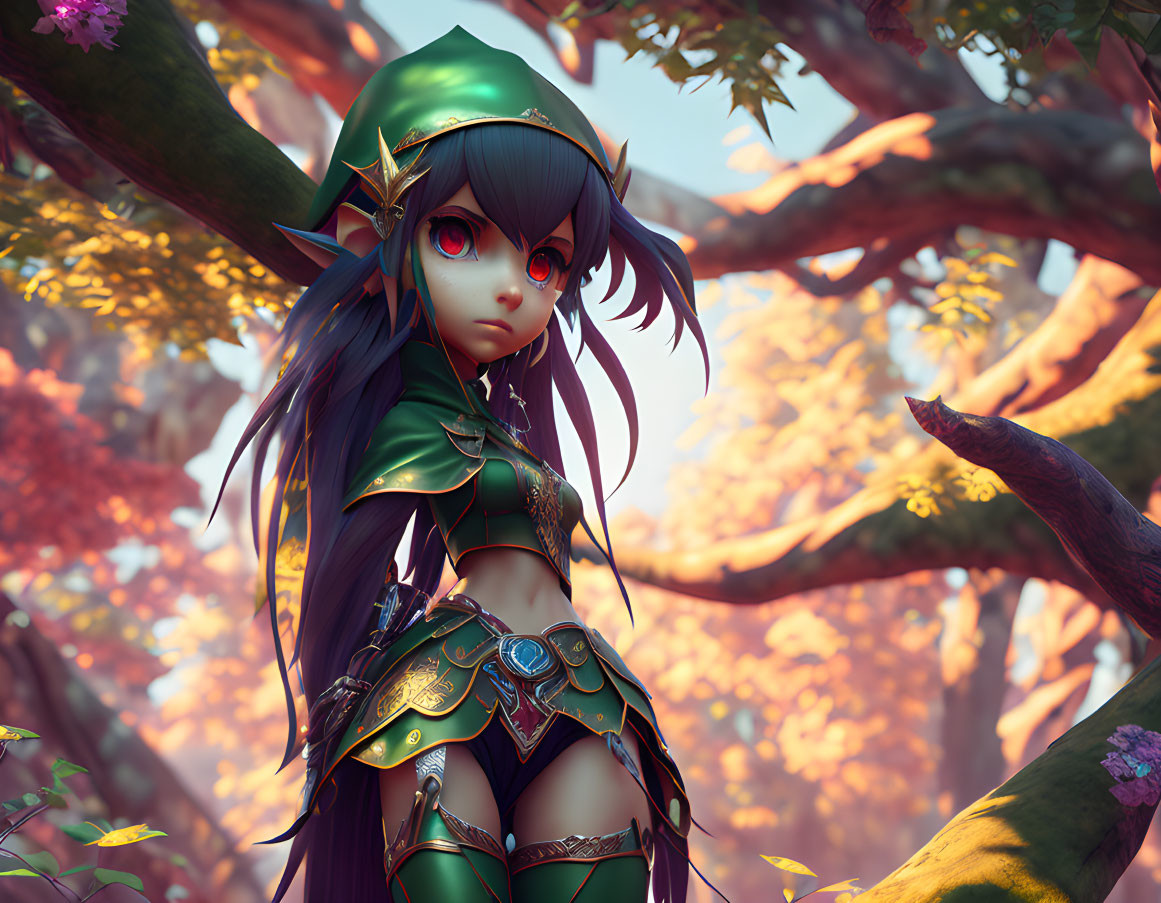 Fantasy animated character in green armor in pink and orange forest