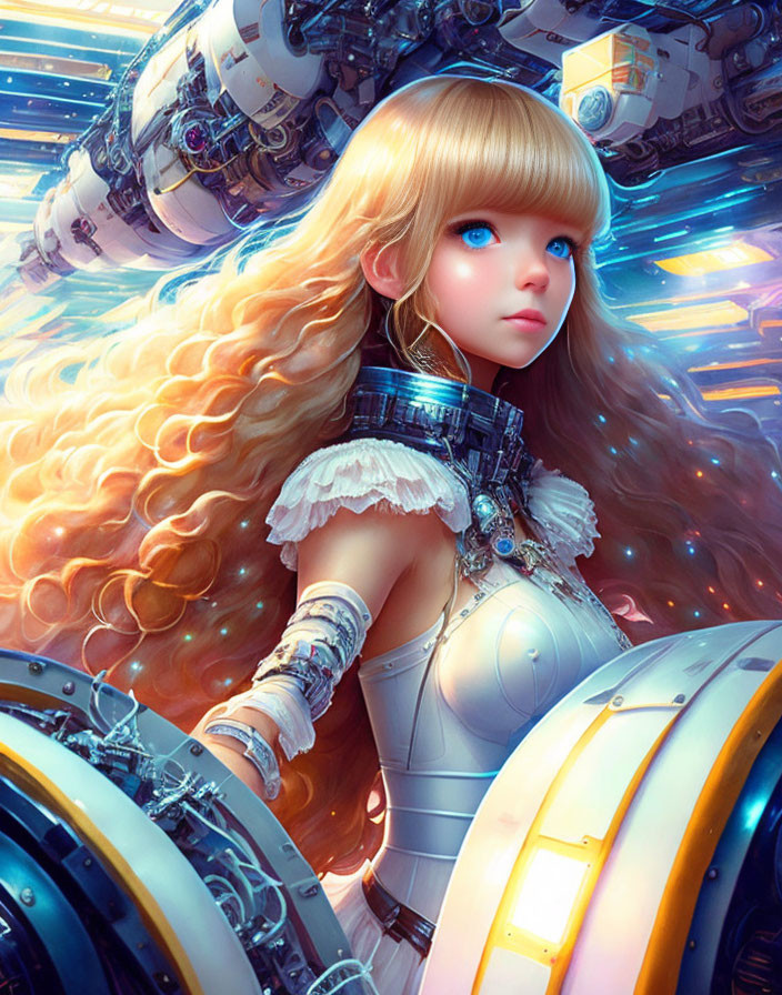 Blonde-haired female cyborg with robotic arms in futuristic setting