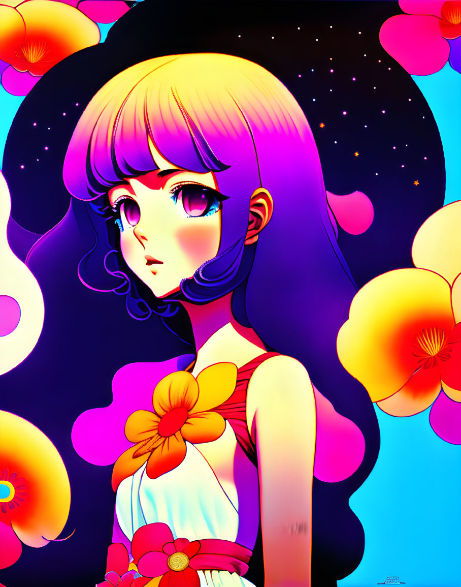 Anime-style girl surrounded by vivid flowers on dark background