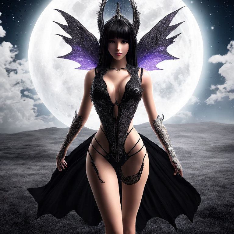 Gothic fantasy woman with dark angel wings and tattoos under a large moon