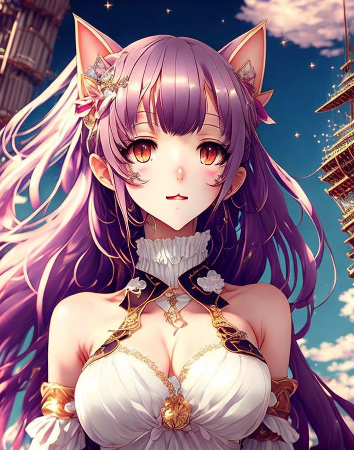 Purple-haired anime character with fox ears in white and gold dress on sky background