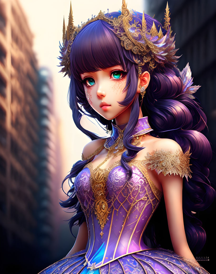 Regal female character with purple hair and golden jewelry in urban setting