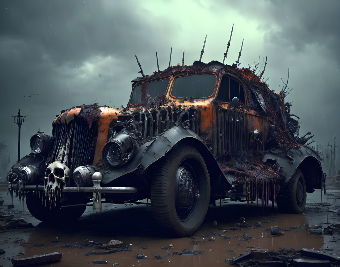 Abandoned rusty car with spikes and skulls on rainy street