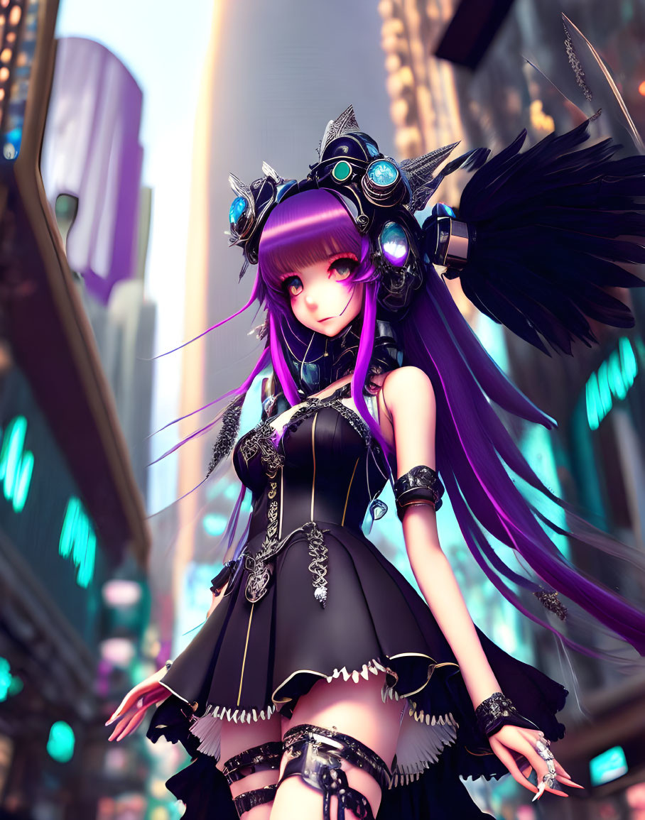 Purple-haired anime-style girl in cyberpunk attire against cityscape