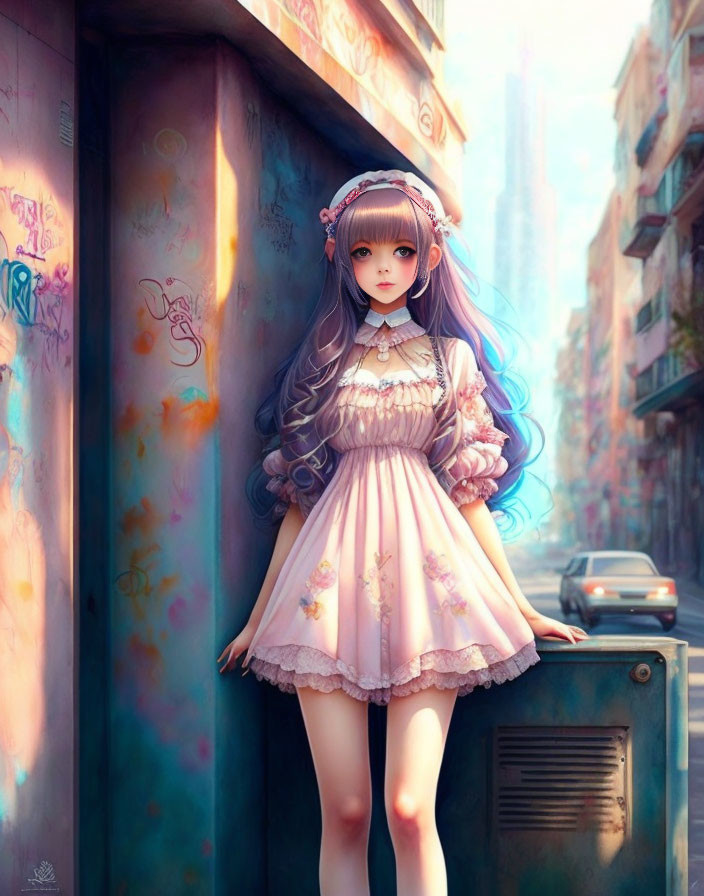 Purple-haired animated character in pink dress in graffiti-filled alleyway