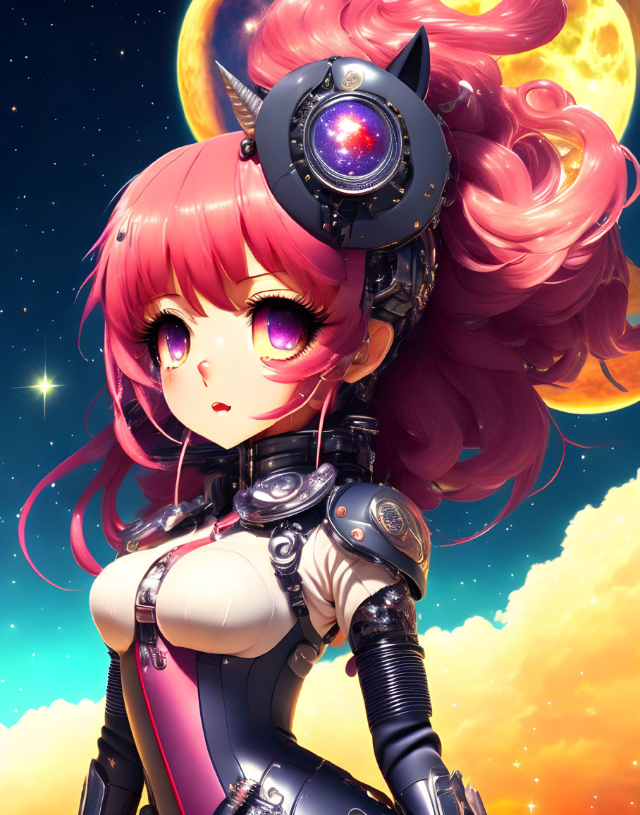 Pink-haired cyborg girl with cosmic helmet in anime-style illustration