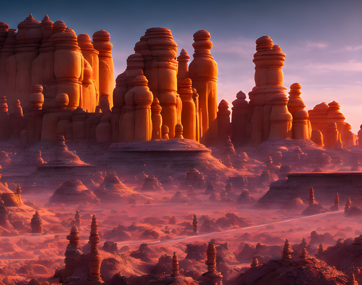 Sunset desert landscape with sandstone spires and rock formations in warm pinkish-orange light