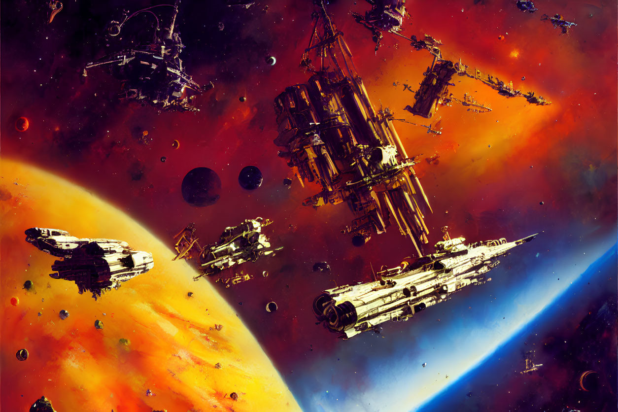 Colorful Space Scene with Spaceships, Station, and Nebulae