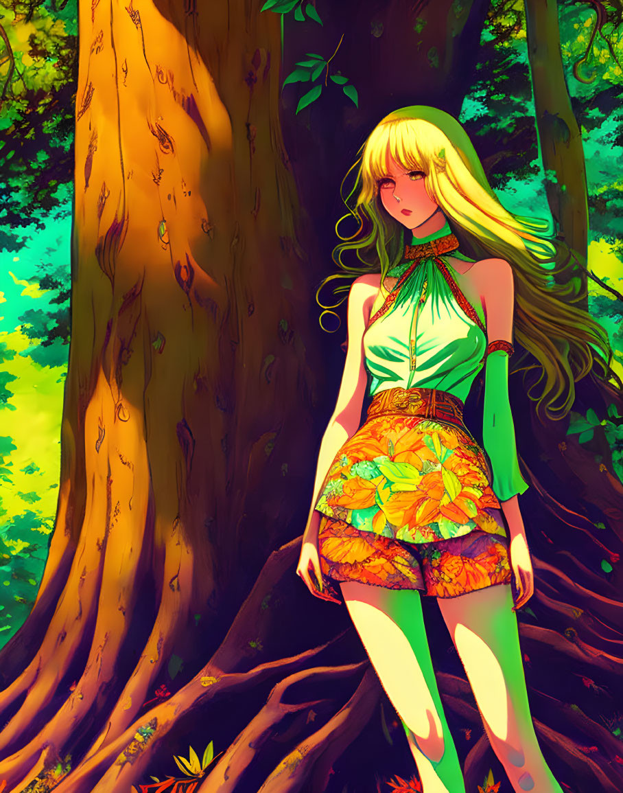 Blonde long-haired character in green halter-neck outfit near tree in vibrant foliage