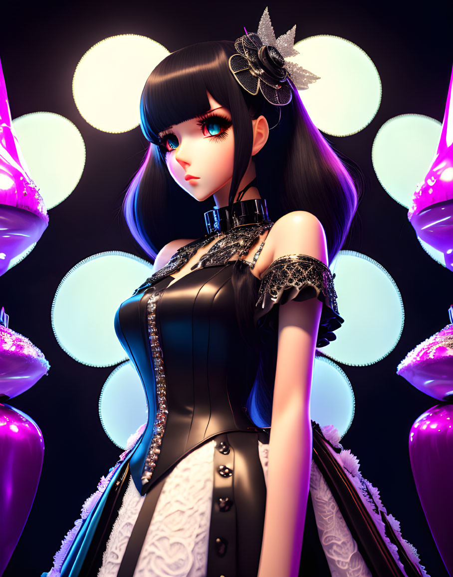 Animated female character with black hair and blue eyes in gothic dress with flower accessory, surrounded by glowing