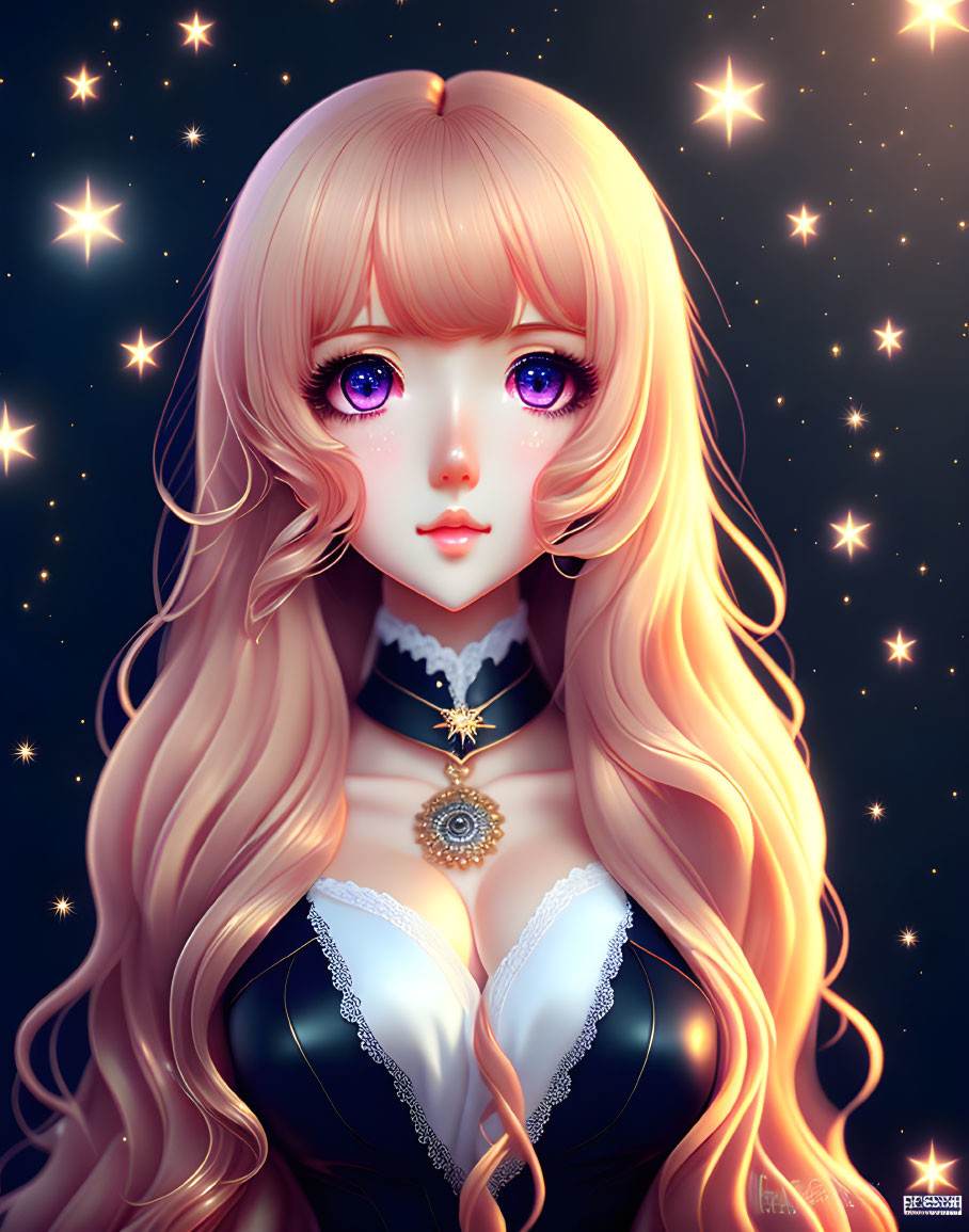 Illustrated female character with long blonde hair and pink eyes on starry background