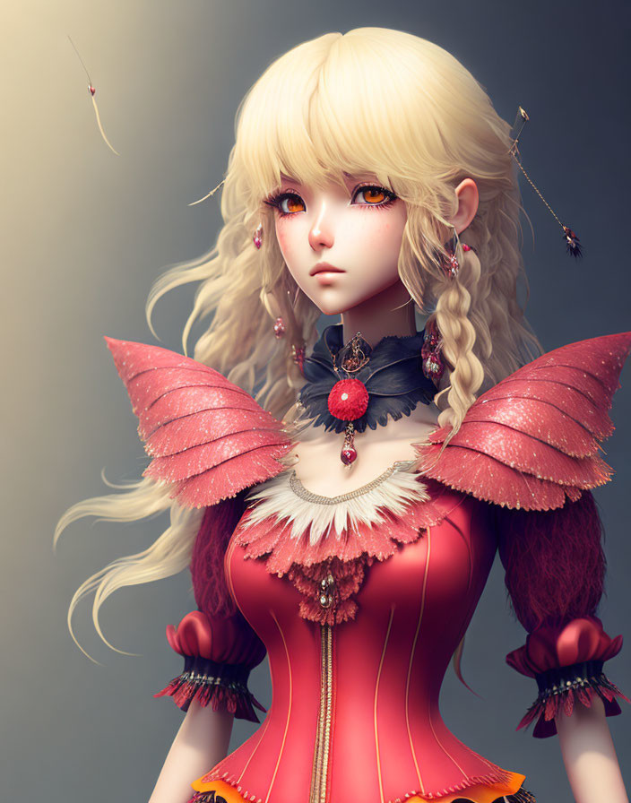 Blonde Braided Hair Female Character with Dragonfly-like Wings in Red Attire