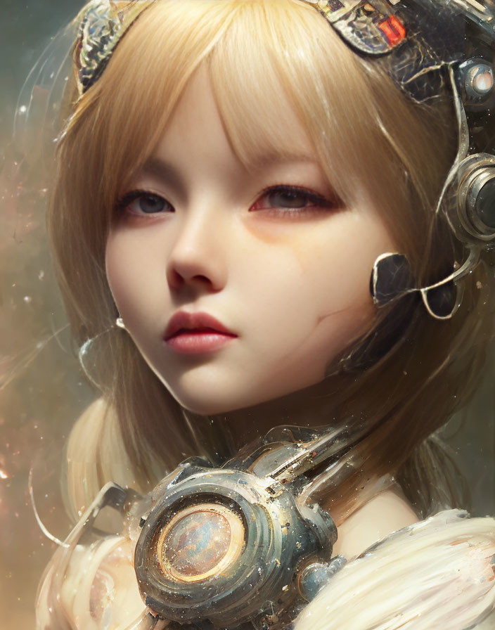 Blonde-Haired Female Figure with Amber Eyes in Futuristic Armor