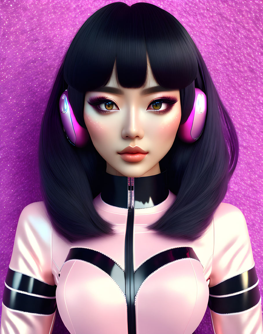 Illustrated portrait of woman with black hair and pink headphones on purple background