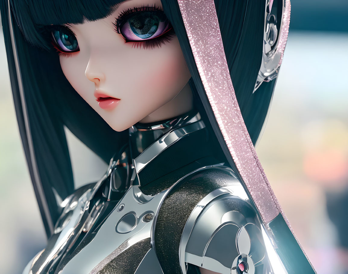 Close-up of 3D-animated female character with expressive eyes and sci-fi armor