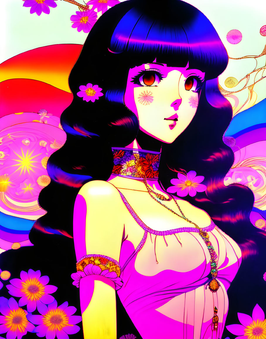 Stylized female figure with dark hair and floral patterns in psychedelic colors