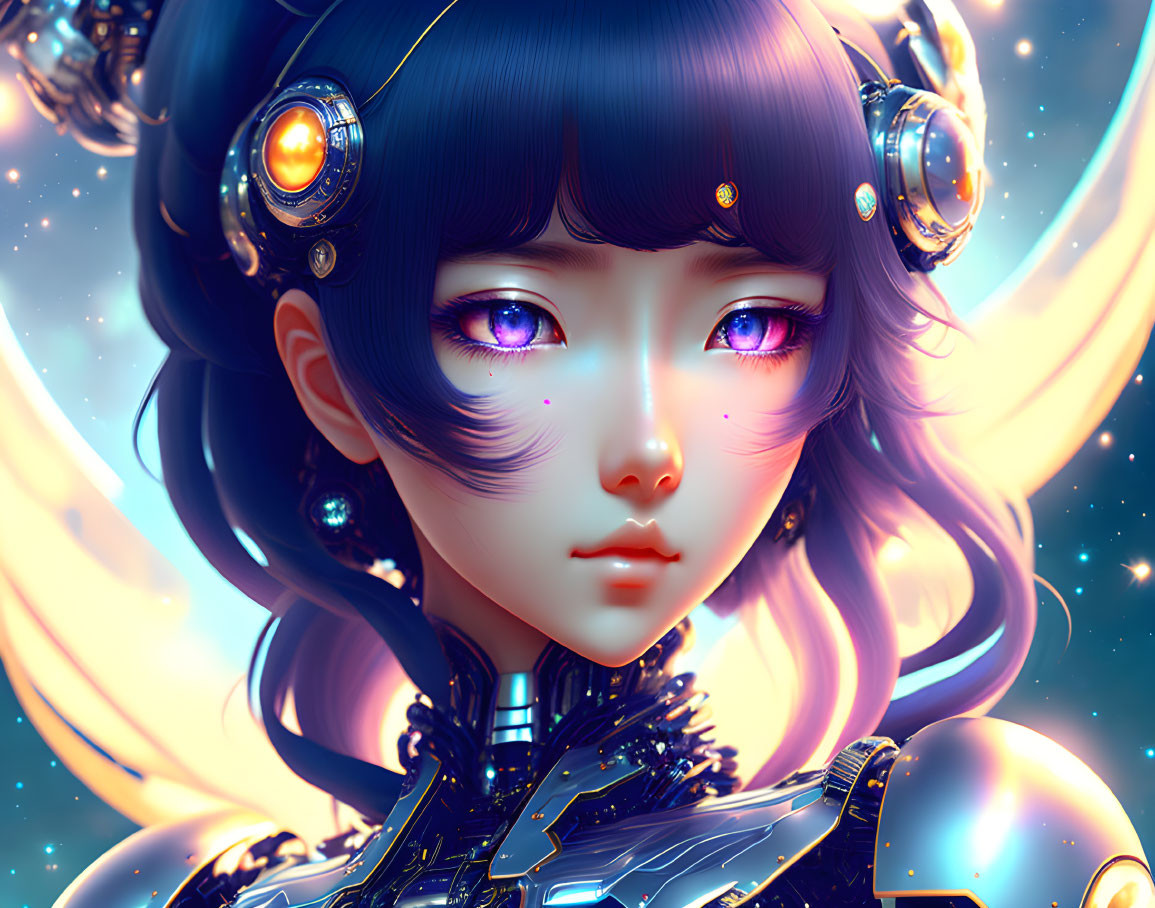 Digital Artwork: Female Character with Vibrant Purple Eyes and Cybernetic Headgear