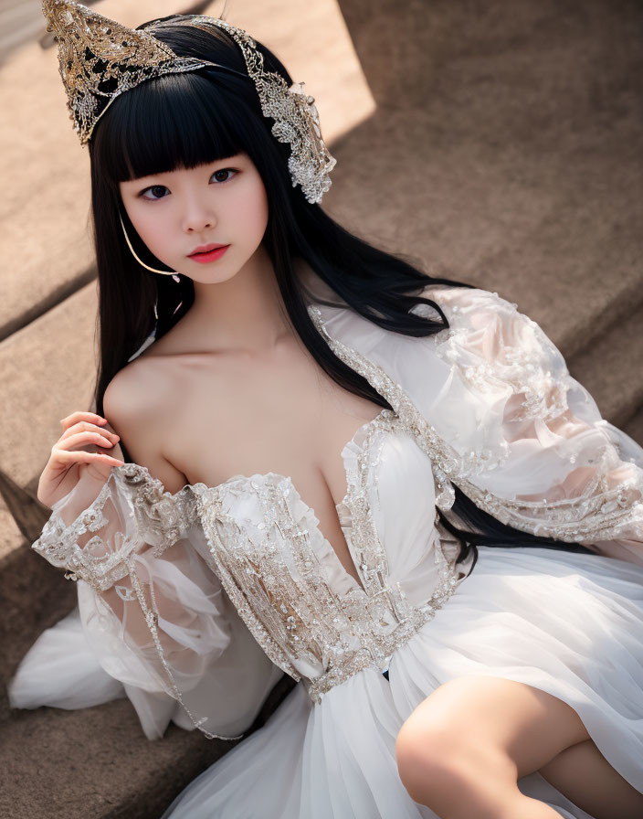 Elegant woman in ornate headdress and lace dress on steps