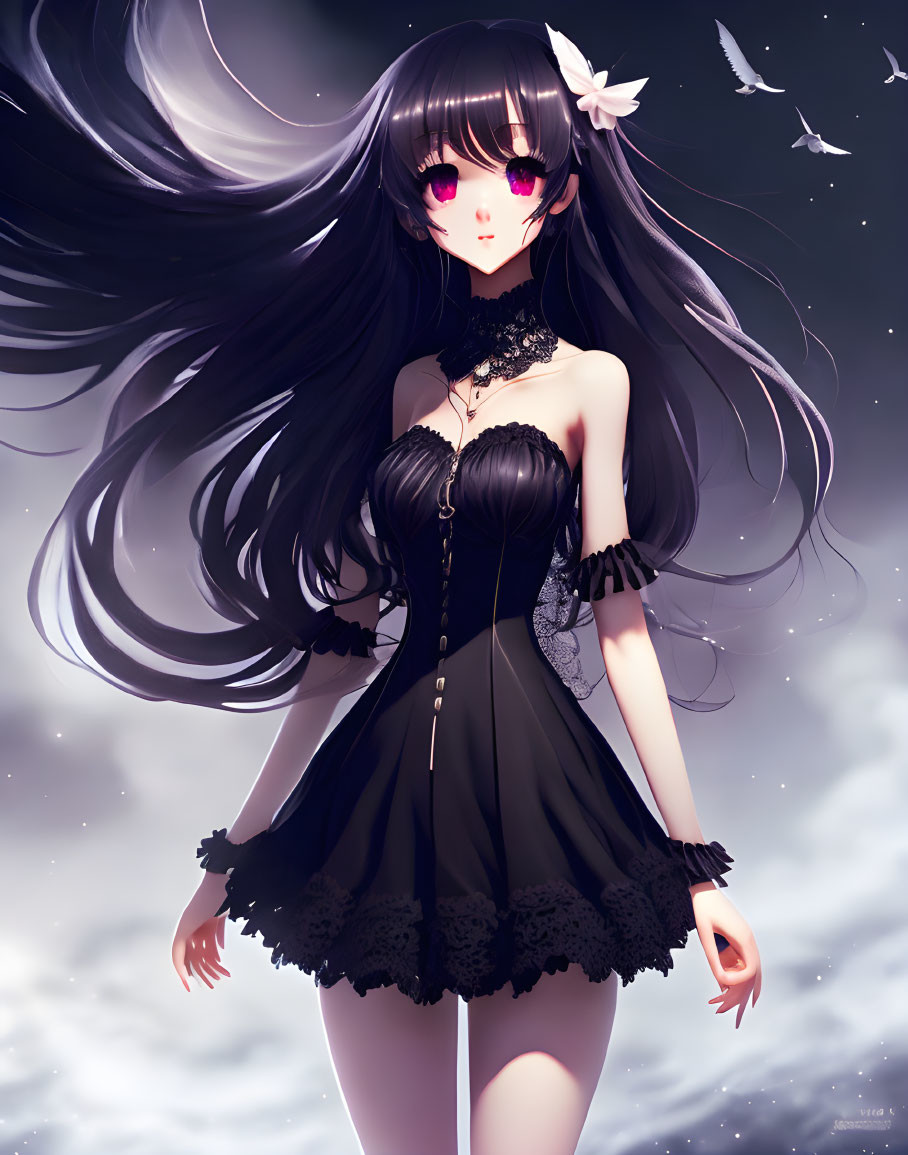 Long-haired anime girl in black dress under starry sky with birds