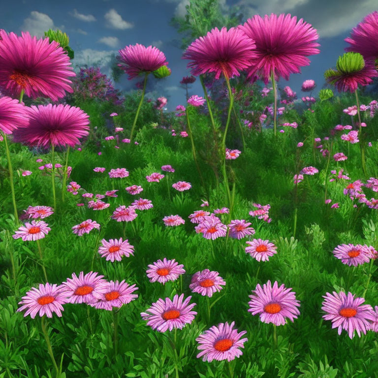 Vibrant pink flowers in lush green meadow under blue sky