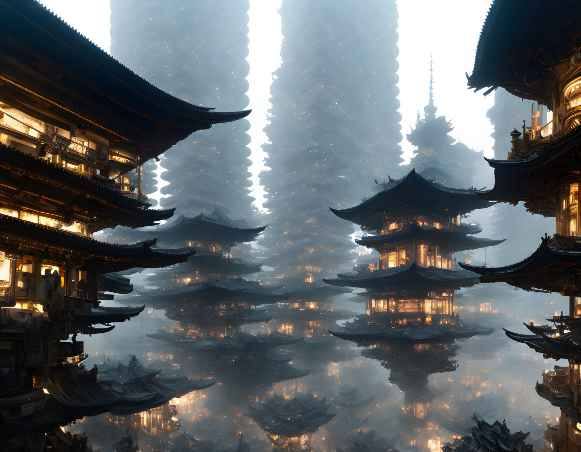 Misty Asian cityscape with towering pagodas