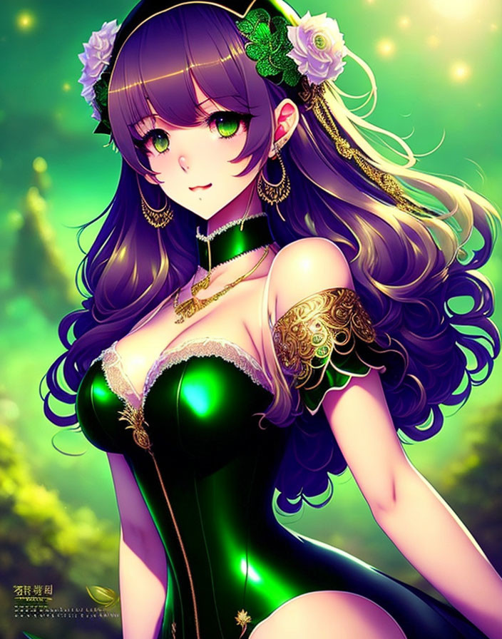 Illustration of female character with purple hair and green eyes in green setting