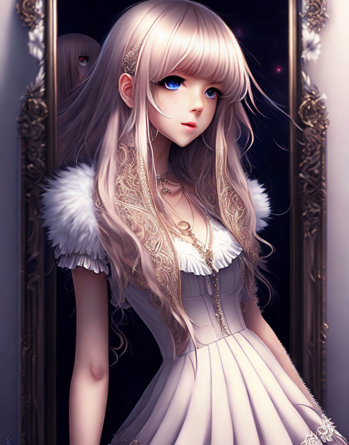 Illustration of female character in white dress with fur details standing by mirror