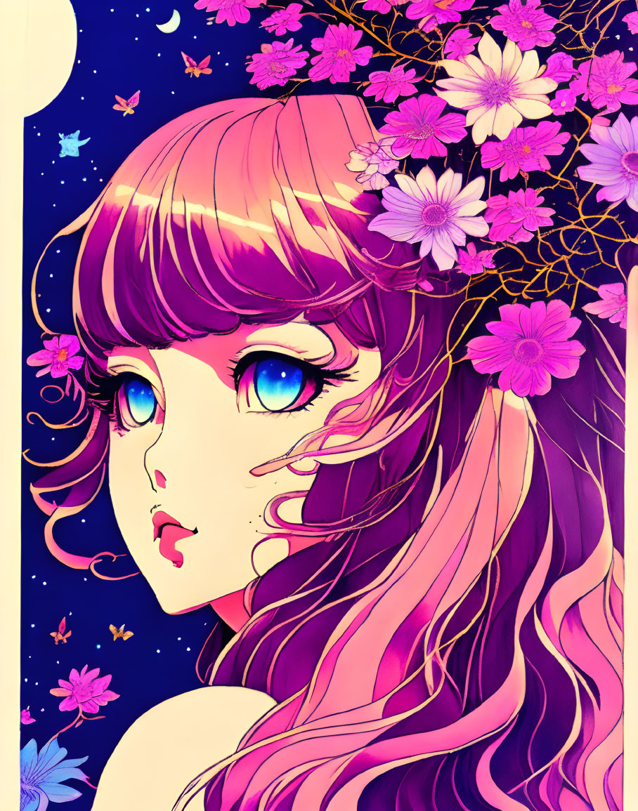 Girl with Large Eyes and Pink Ombre Hair Surrounded by Cherry Blossoms on Starry Background