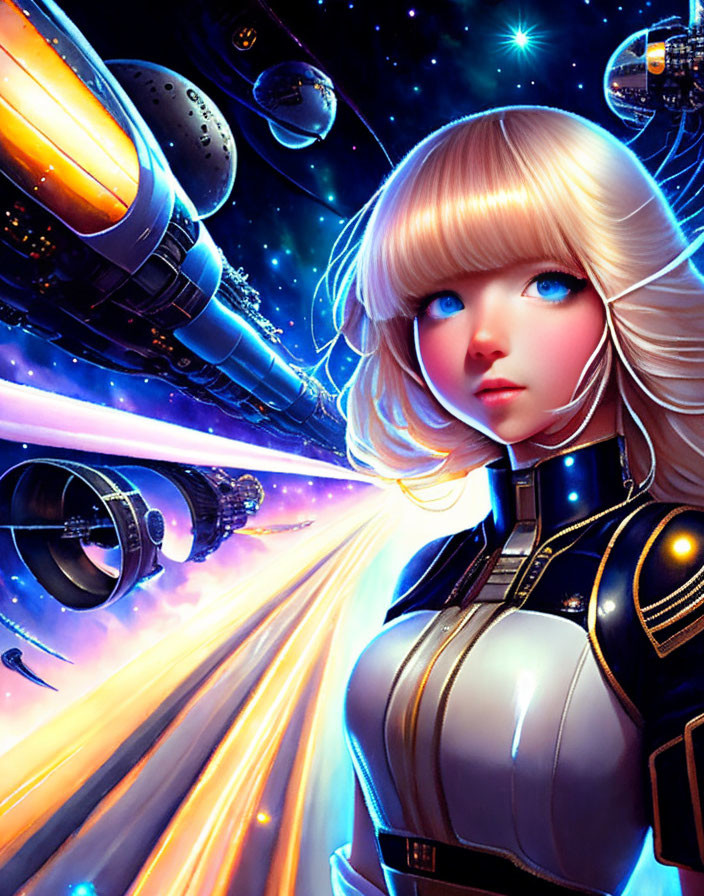 Blonde Anime-Style Girl in Futuristic Space Suit with Cosmic Background