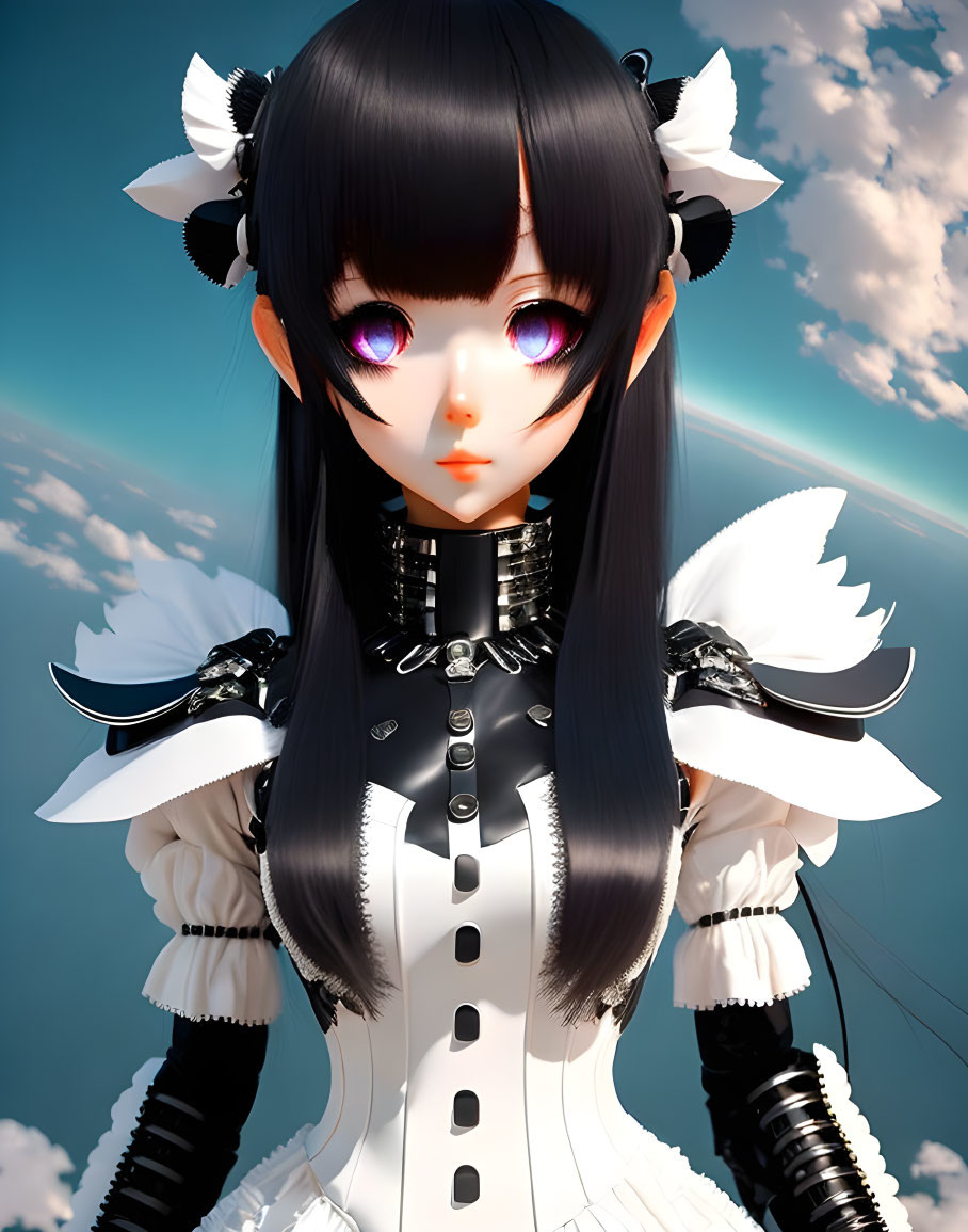 Multicolored eyes, black hair, white bows, black & white outfit - digital art character